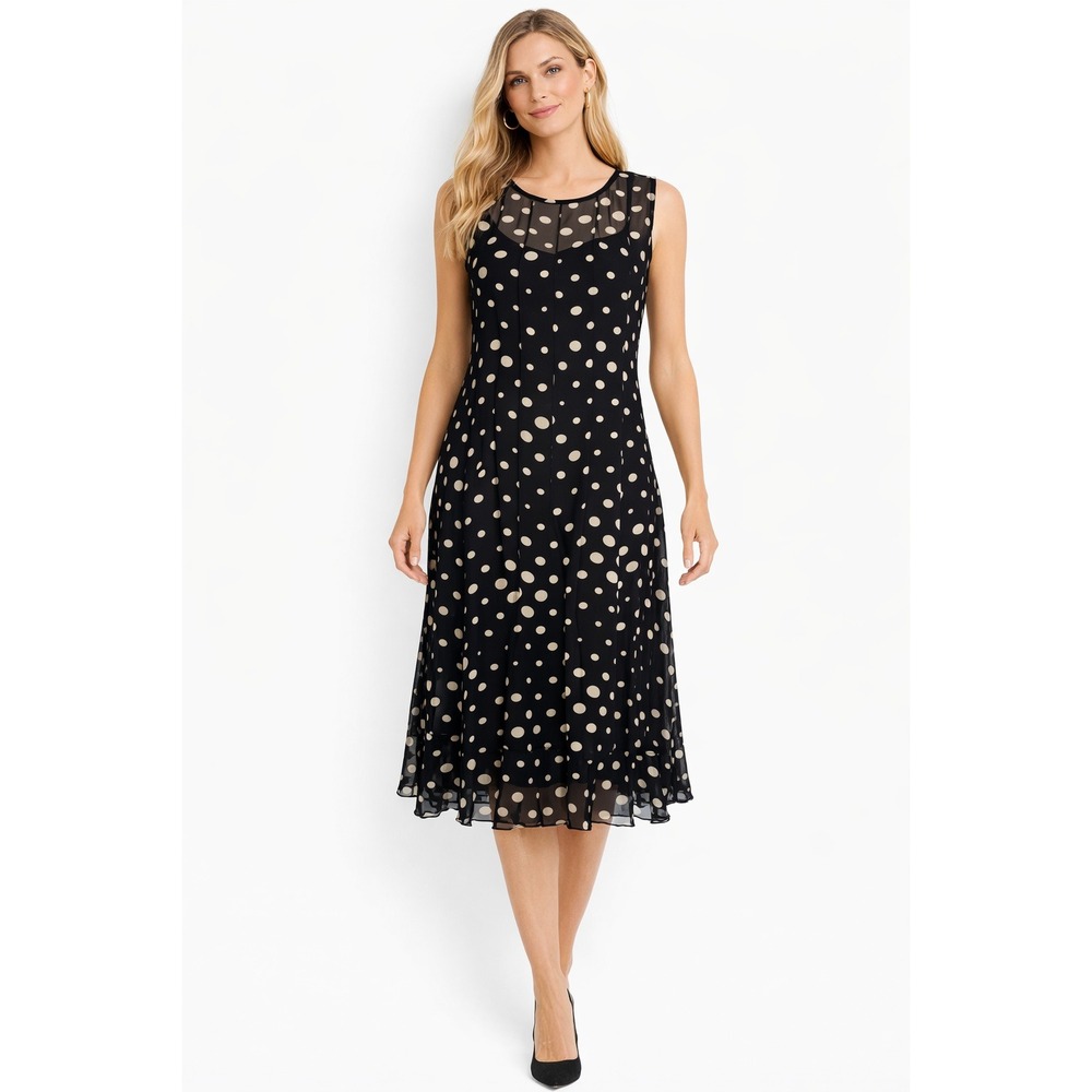 Manyus Size XL Womens Polka Dot Sleeveless Lined Pleated Midi‎ Dress Black White